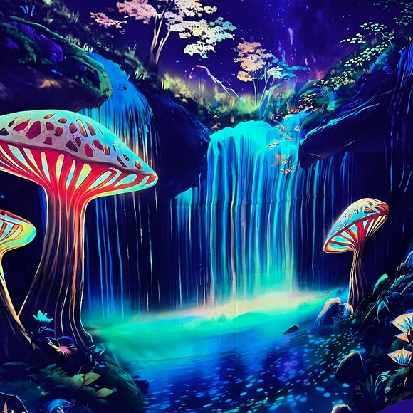 Mushroom kingdom waterfall with trees blacklight tapestry wall decor hanging - Picture 1 of 5